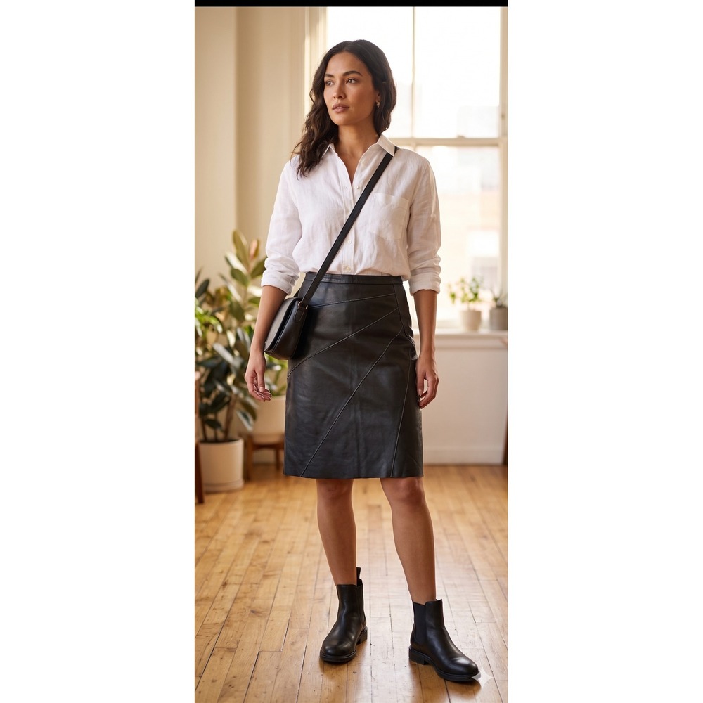 BCBG Max Azria Leather Skirt 2 Black Pencil Stitch Punk Rocker Hipster Trendy